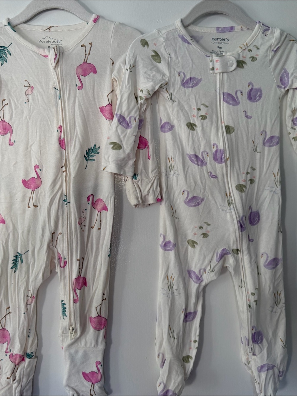 Carter's Flamingo One-Piece and Lavender swan one piece pajamas size 9m